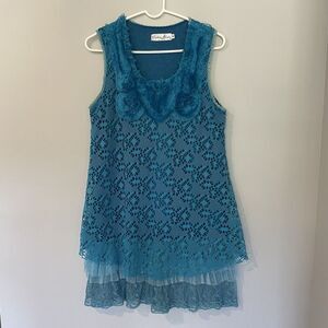 Pretty Angel Layered Crochet Blue Lace Ruffles Tunic Top Dress Linen Blend Sz‎ M